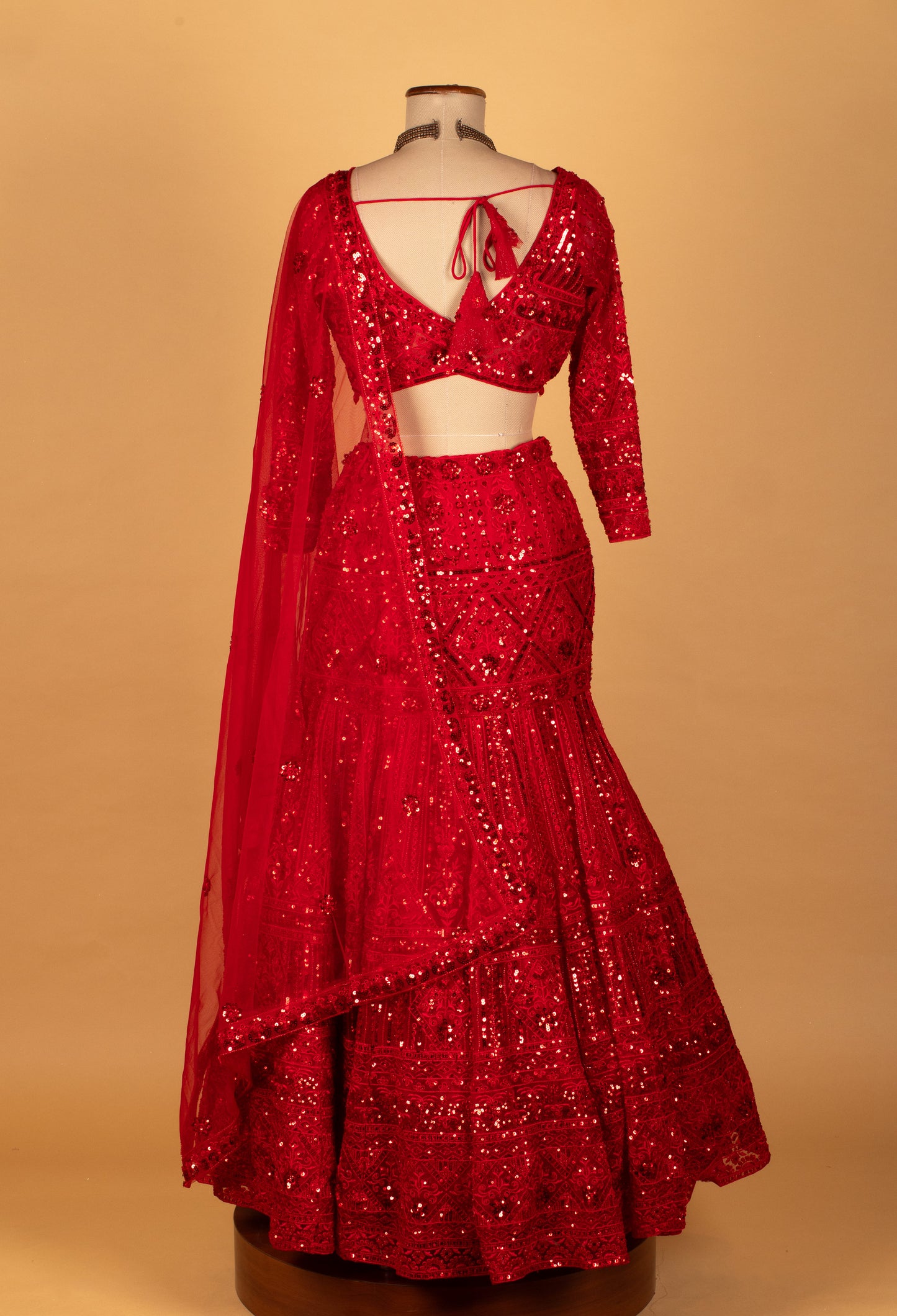 Embellished Scarlet Sequin Lehenga Set with V-Neck Blouse & Net Dupatta