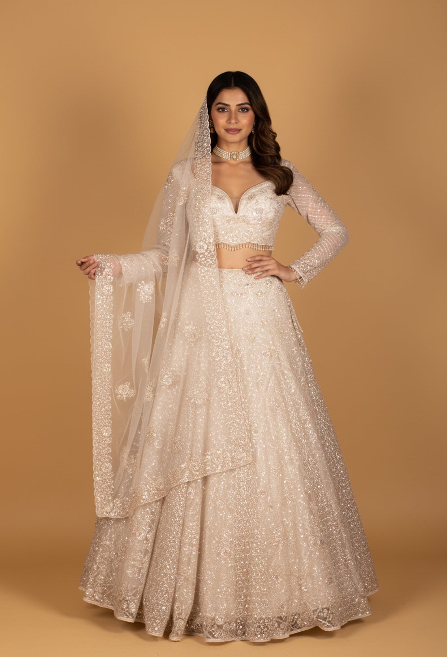 Ivory Sequin-Embellished Bridal Croptop Lehenga Set