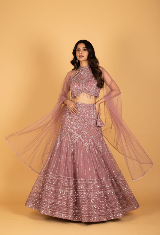 Dusty Rose Halter-Neck Sequin Embellished Croptop Lehenga Set