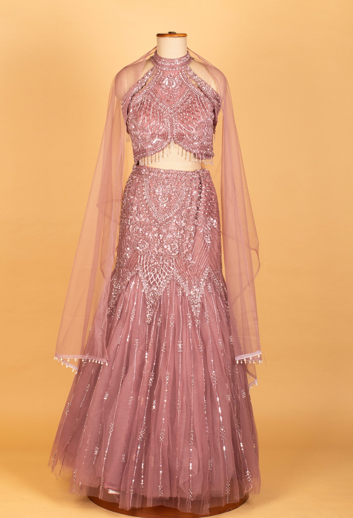 Dusty Rose Halter-Neck Sequin Embellished Croptop Lehenga Set
