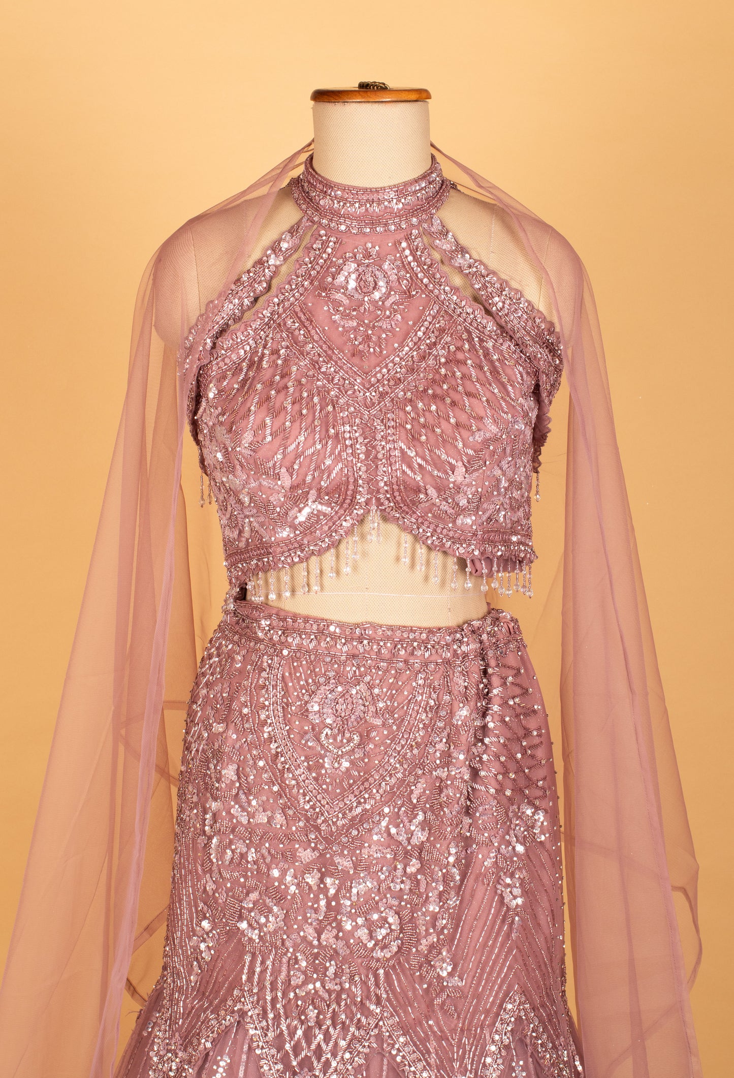 Dusty Rose Halter-Neck Sequin Embellished Croptop Lehenga Set