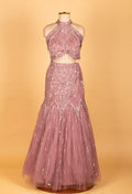 Dusty Rose Halter-Neck Sequin Embellished Croptop Lehenga Set