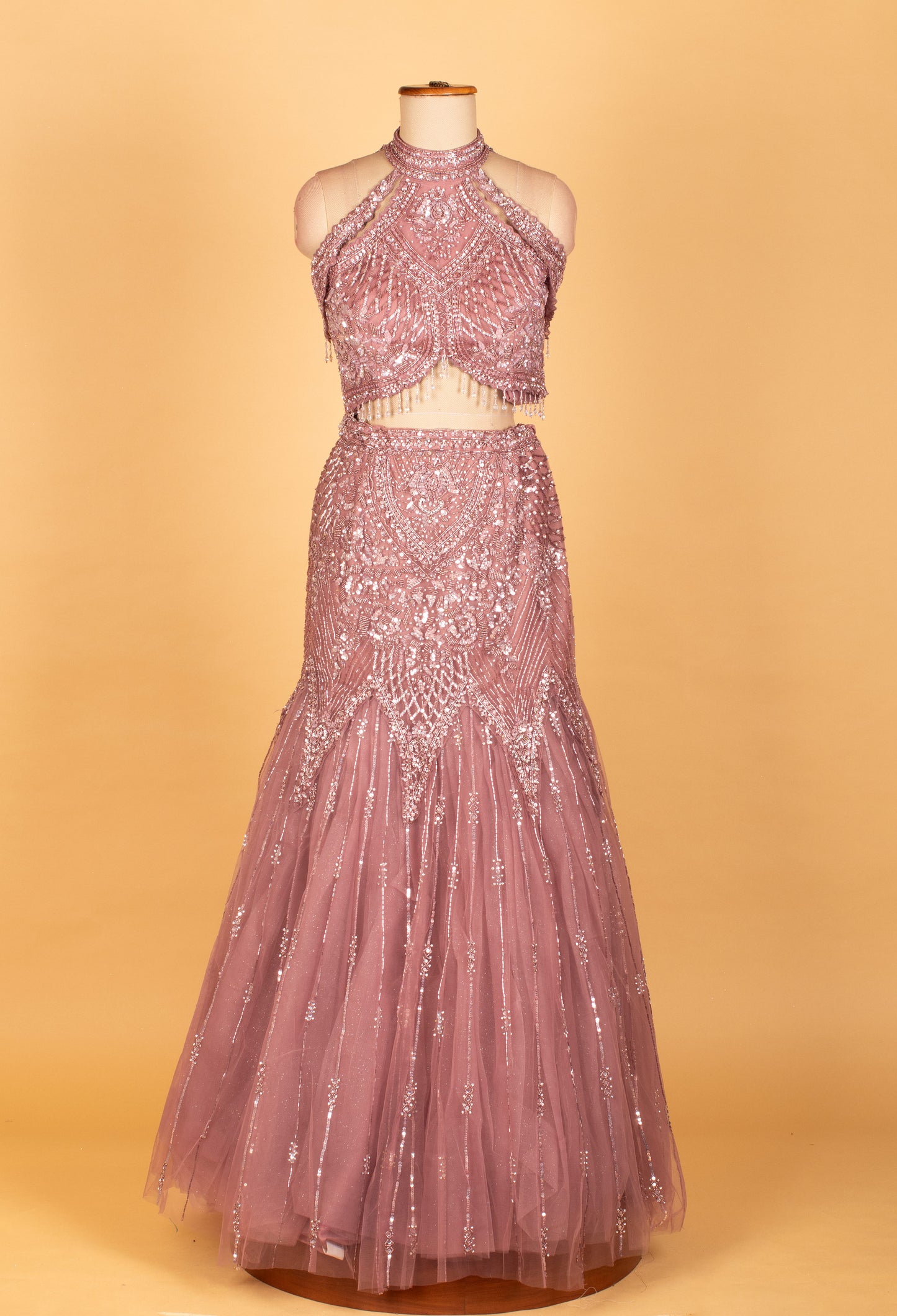 Dusty Rose Halter-Neck Sequin Embellished Croptop Lehenga Set