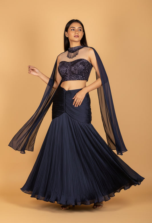 Navy Blue Pleated Lehenga with Sequinned Croptop & Dupatta