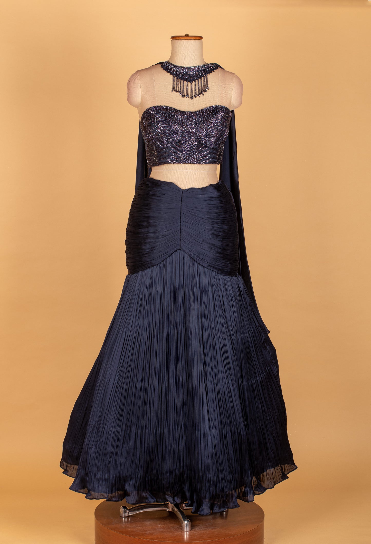 Navy Blue Pleated Lehenga with Sequinned Croptop & Dupatta