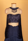 Navy Blue Pleated Lehenga with Sequinned Croptop & Dupatta
