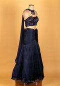 Navy Blue Pleated Lehenga with Sequinned Croptop & Dupatta