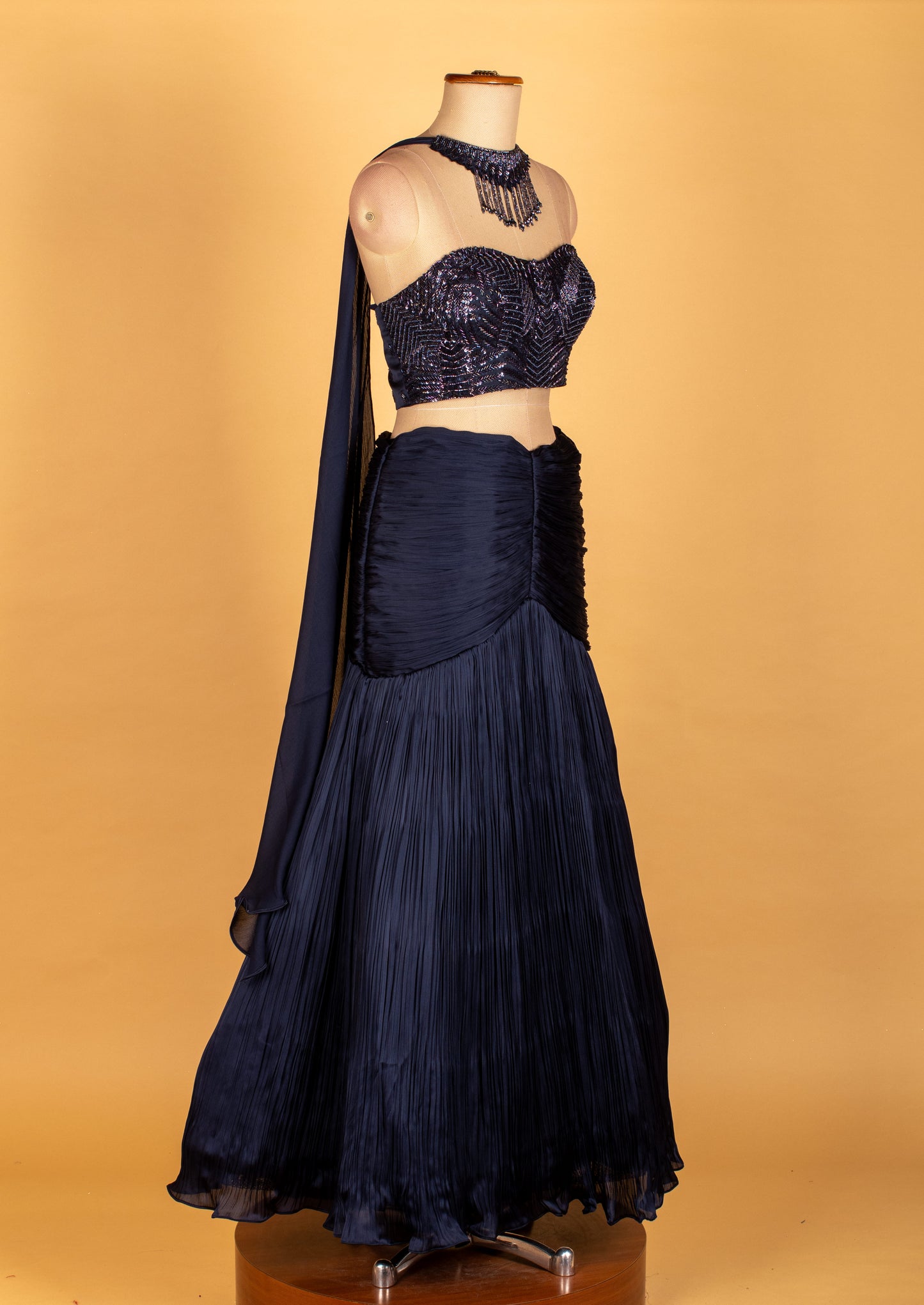 Navy Blue Pleated Lehenga with Sequinned Croptop & Dupatta