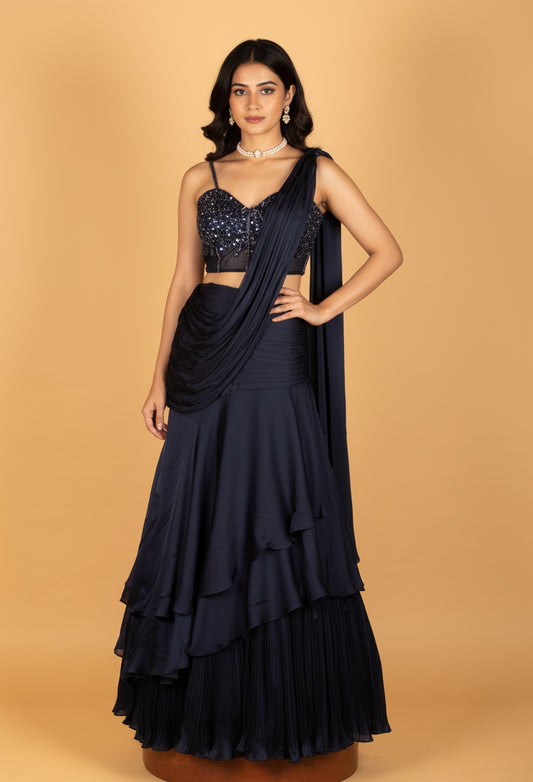 " Midnight Navy Embellished Crop Top Lehenga Set"