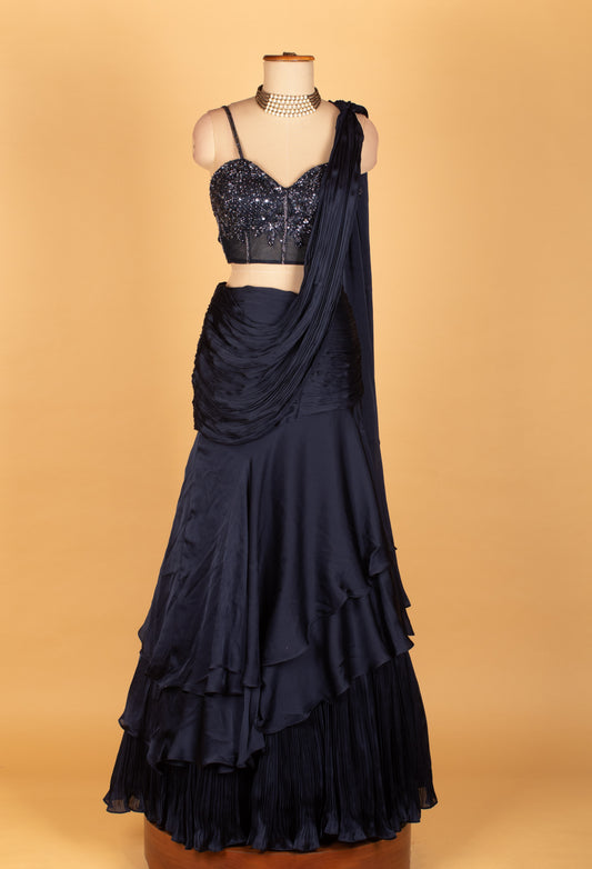 Midnight navy embellished ruffle lehenga with draped pallu – product image 2