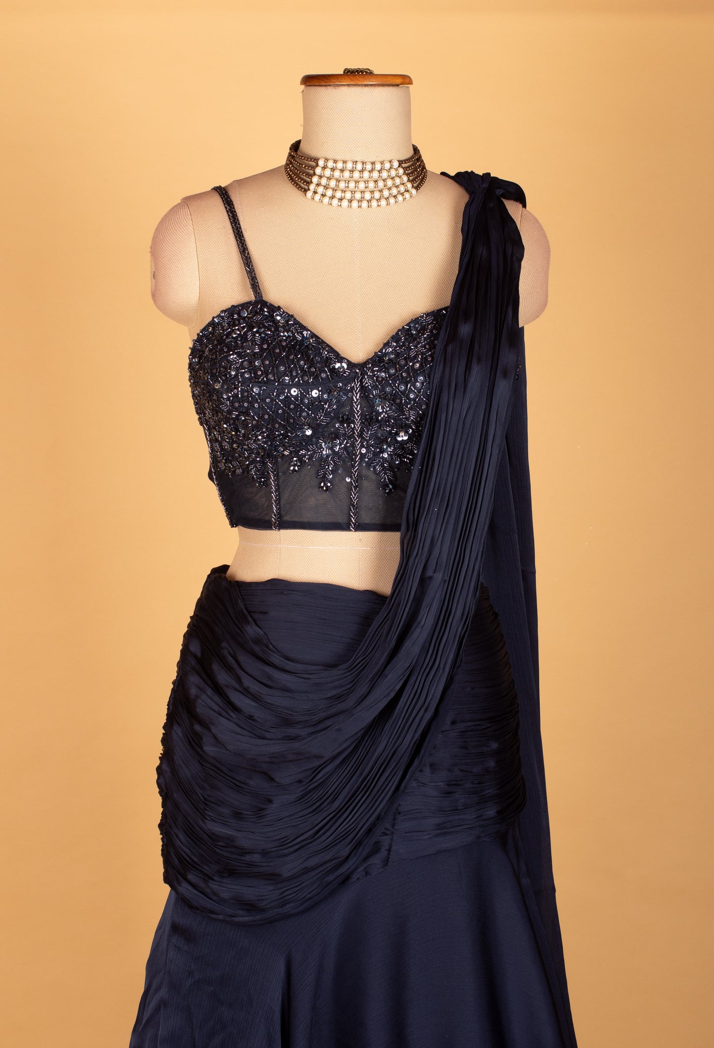 " Midnight Navy Embellished Crop Top Lehenga Set"