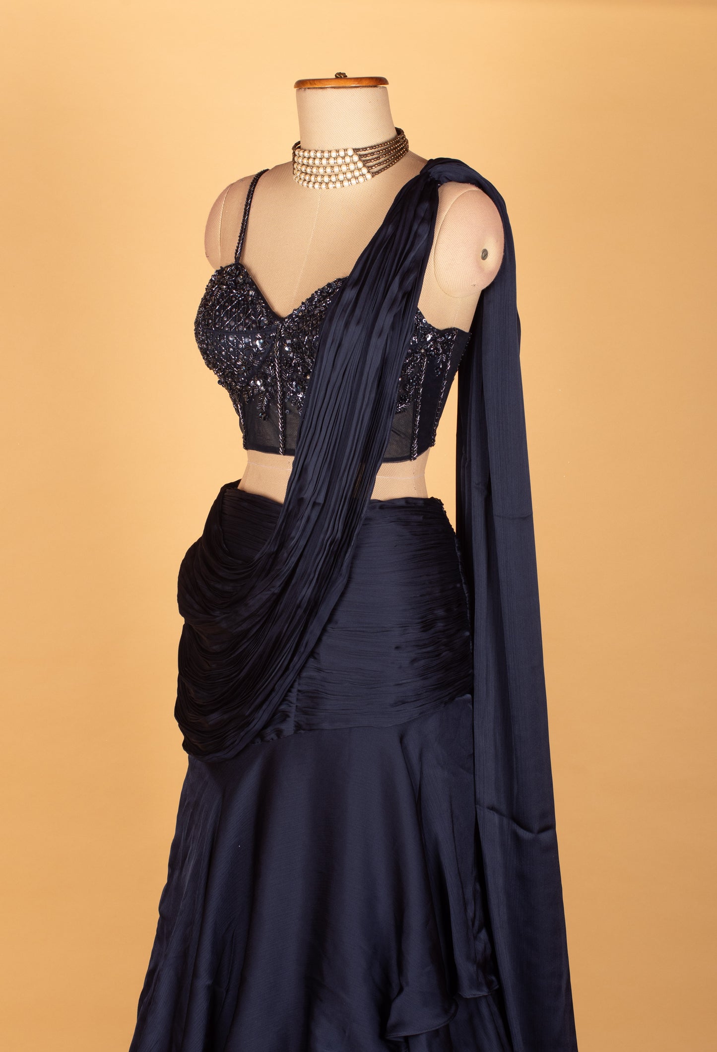 " Midnight Navy Embellished Crop Top Lehenga Set"