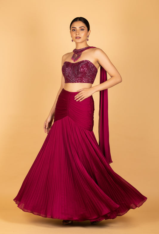 Magenta Shimmer Pleated Mermaid Crop Top Lehenga Set