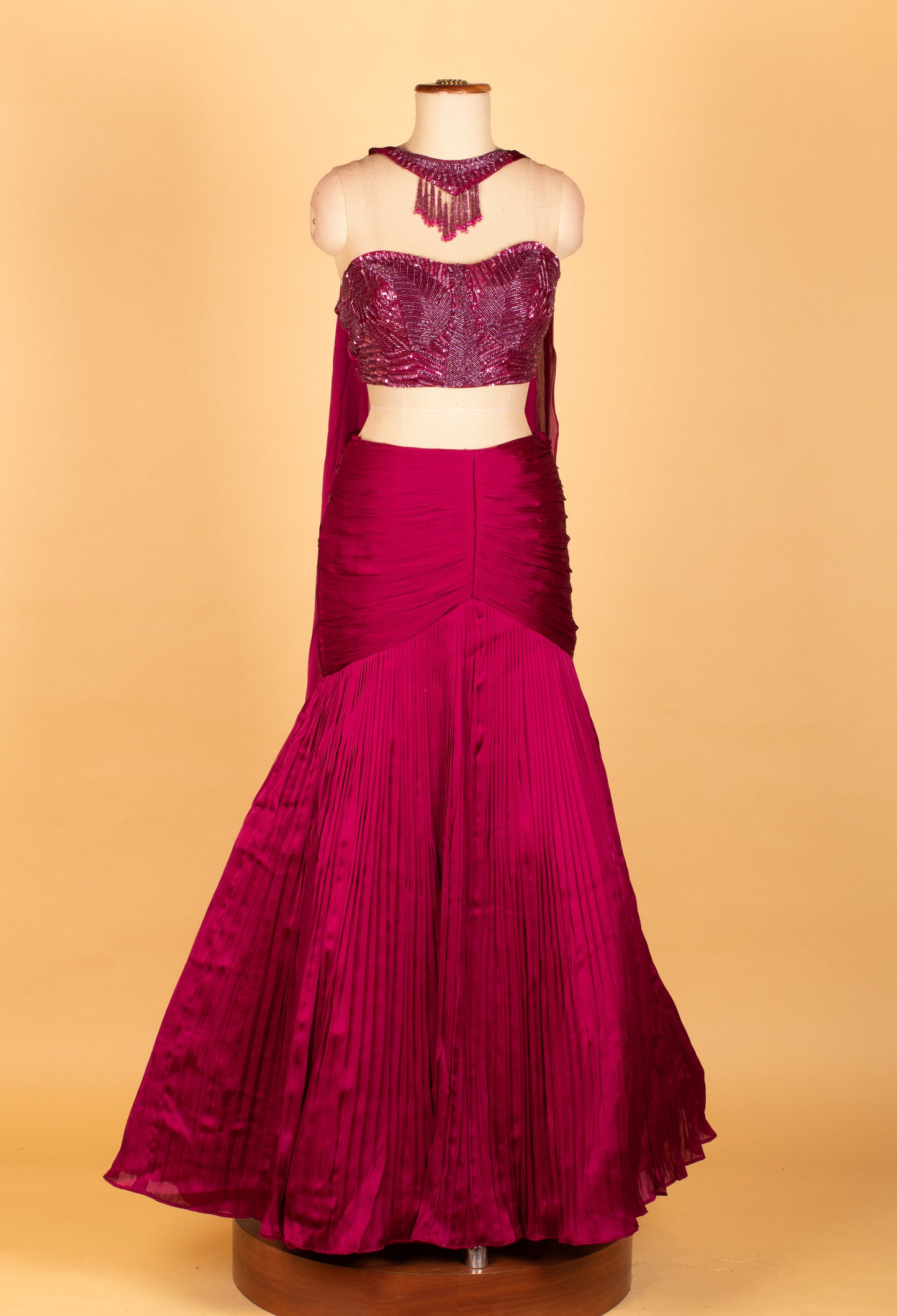 Magenta Shimmer Pleated Mermaid Crop Top Lehenga Set