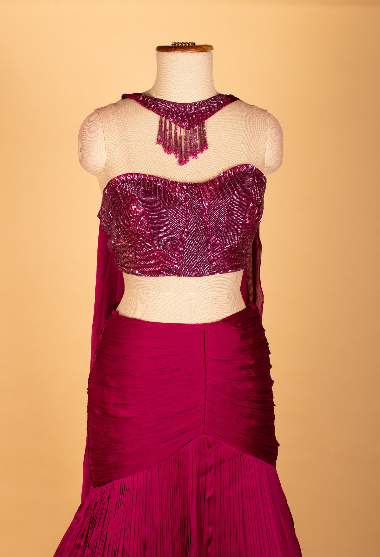 Magenta Shimmer Pleated Mermaid Crop Top Lehenga Set