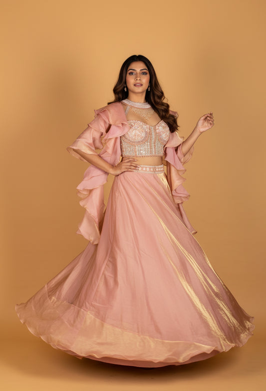 Peach Ruffle Jacket Crop Top Lehenga Set