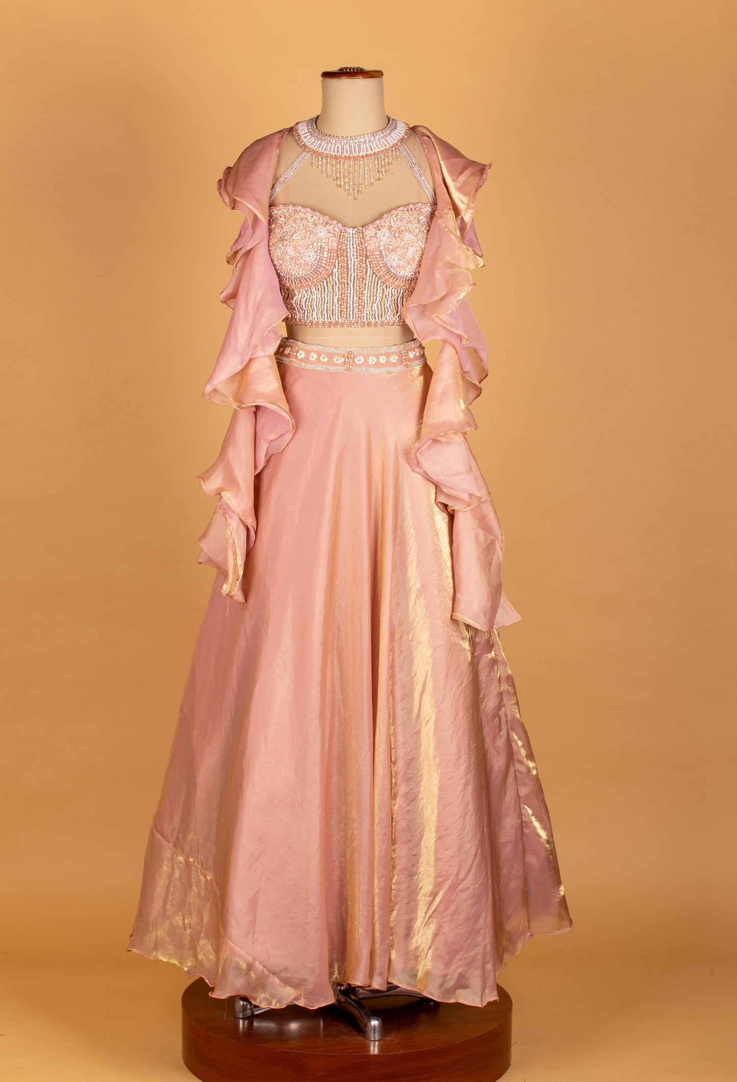 Peach Ruffle Jacket Crop Top Lehenga Set