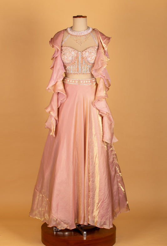 Peach ruffle jacket lehenga with embellished crop top – product image 2