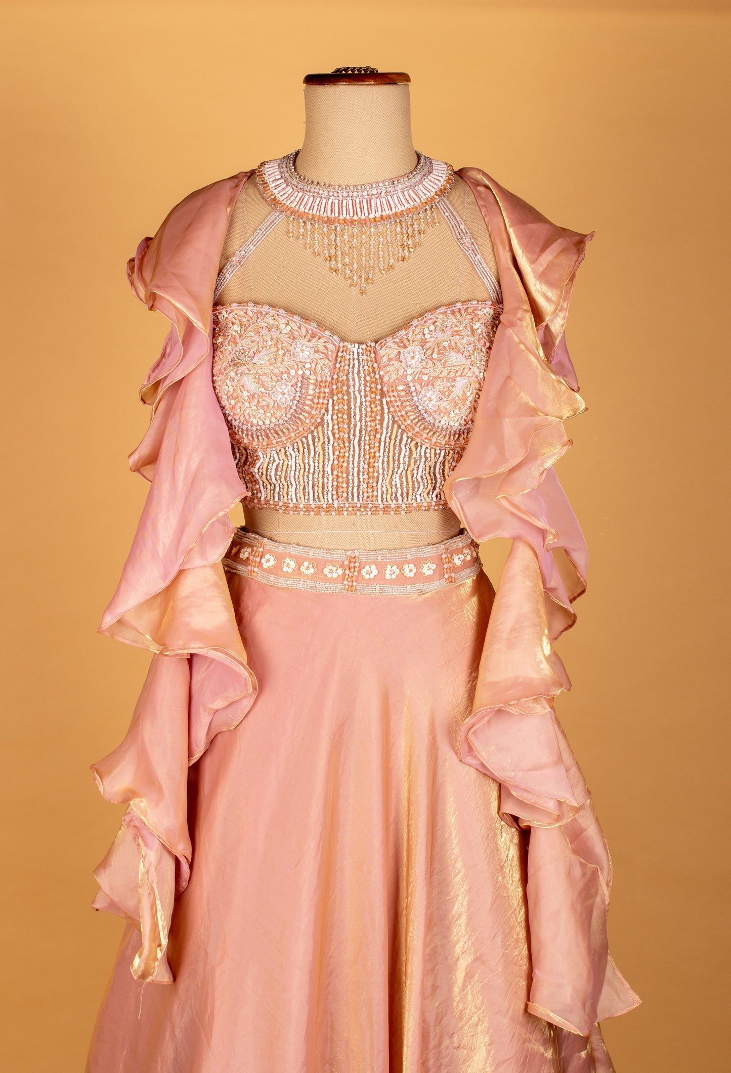 Peach Ruffle Jacket Crop Top Lehenga Set