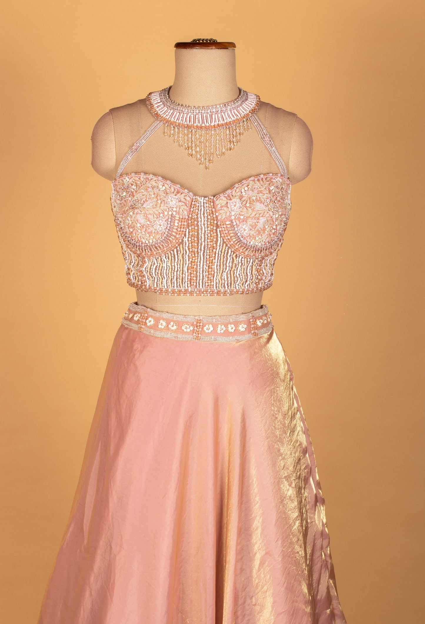 Peach Ruffle Jacket Crop Top Lehenga Set