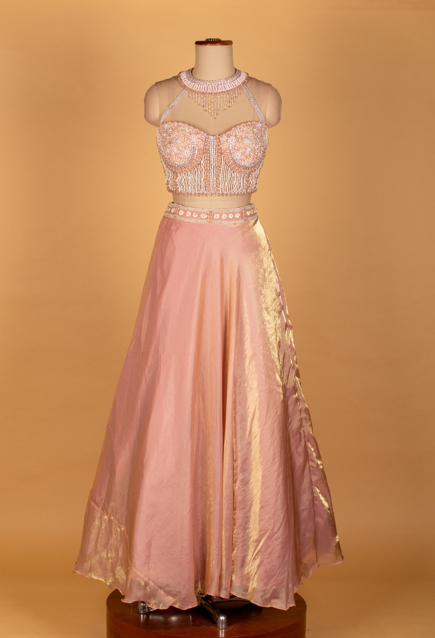 Peach Ruffle Jacket Crop Top Lehenga Set