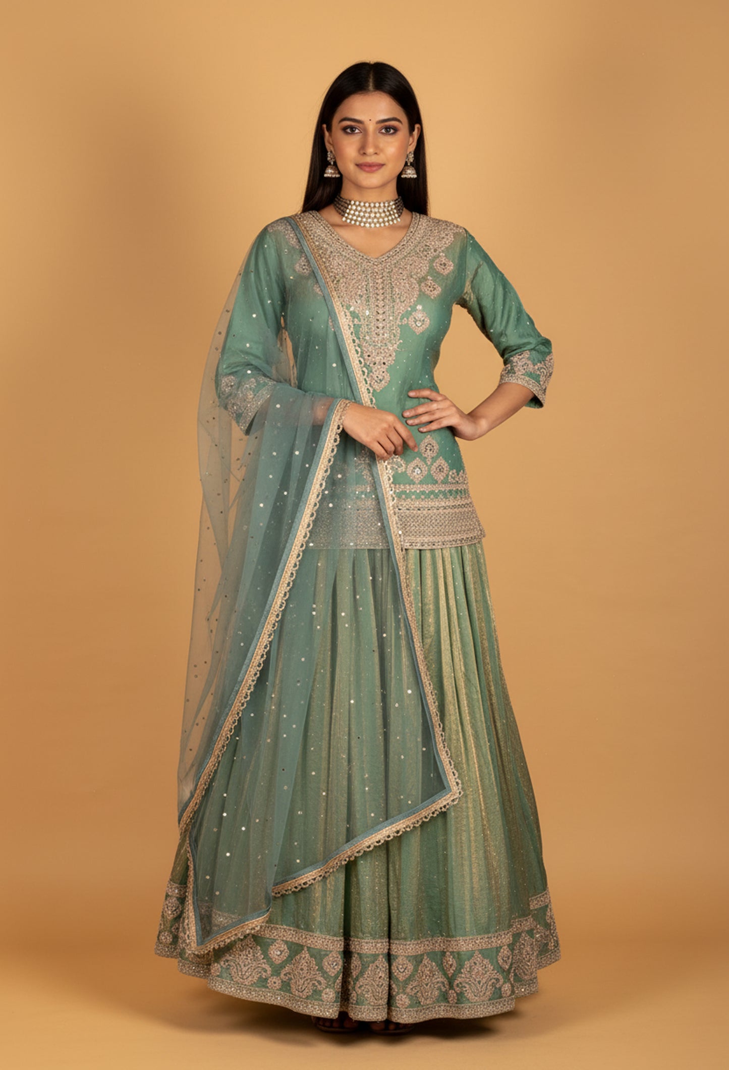 Mint Green Heavy Embroidered Anarkali with Net Dupatta