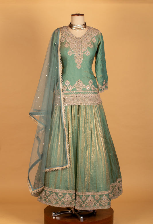 Mint green heavy embroidered Anarkali gown with net dupatta – product image 2