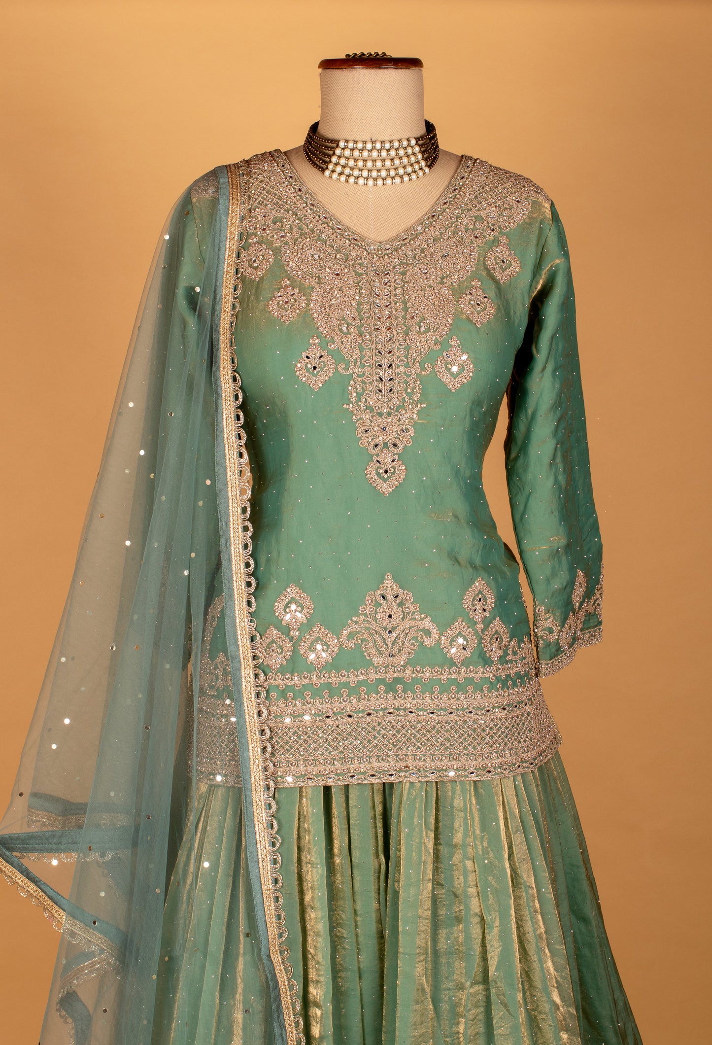 Mint Green Heavy Embroidered Anarkali with Net Dupatta