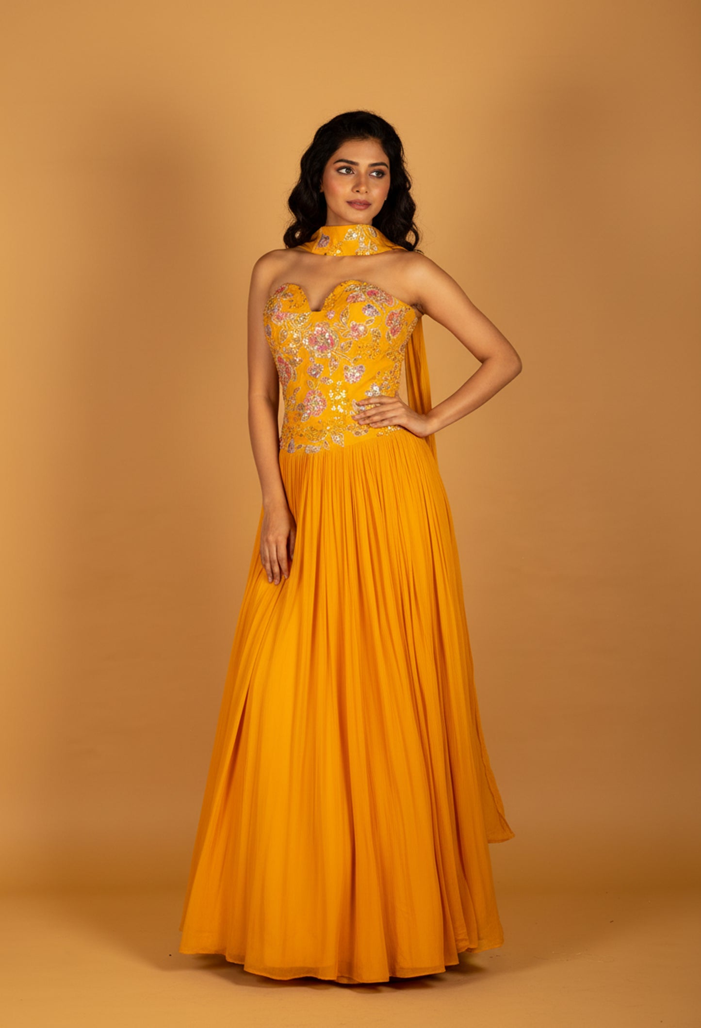 Mustard Yellow Mirror-Work Crop Top Lehenga Set
