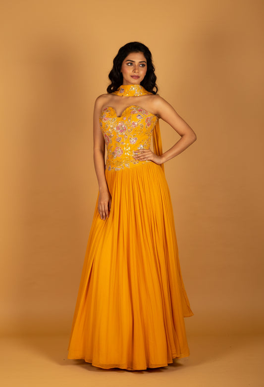 Mustard Yellow Mirror-Work Crop Top Lehenga Set