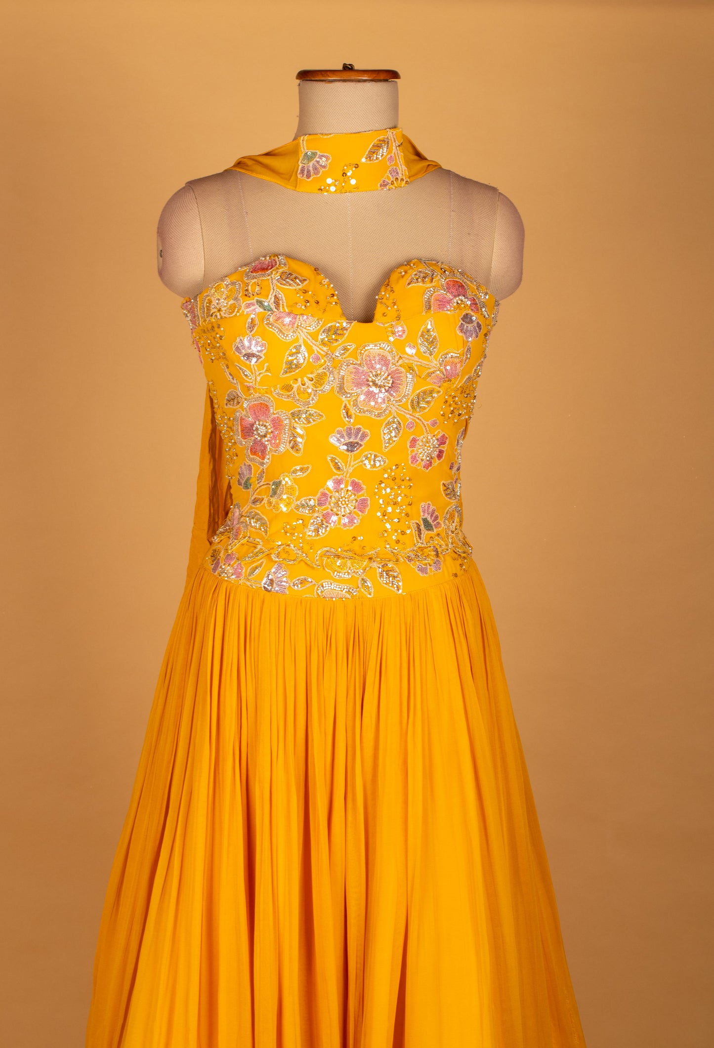 Mustard Yellow Mirror-Work Crop Top Lehenga Set