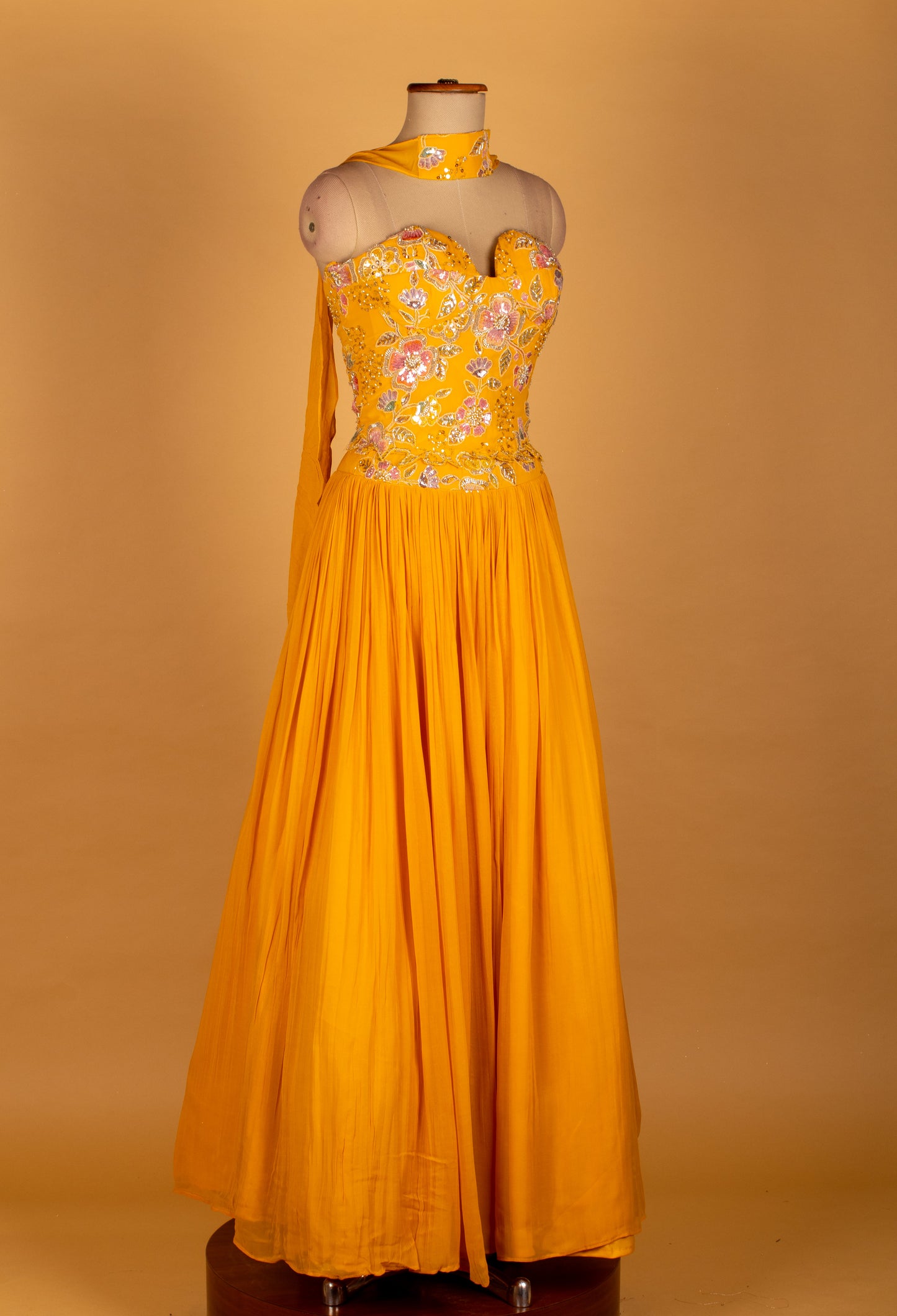 Mustard Yellow Mirror-Work Crop Top Lehenga Set