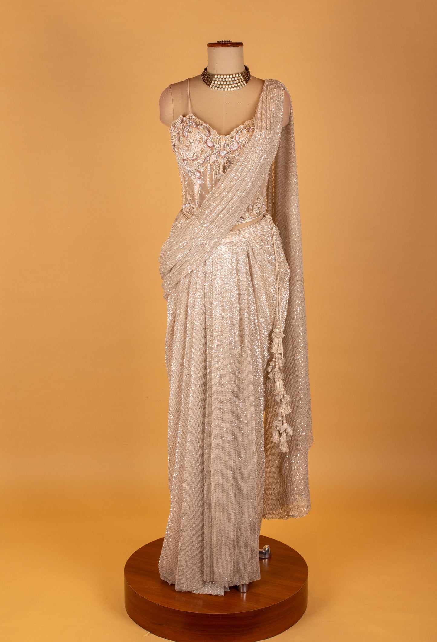 "Champagne Gold Sequin Indo-Western Saree Drape with Embellished Corset Blouse"
