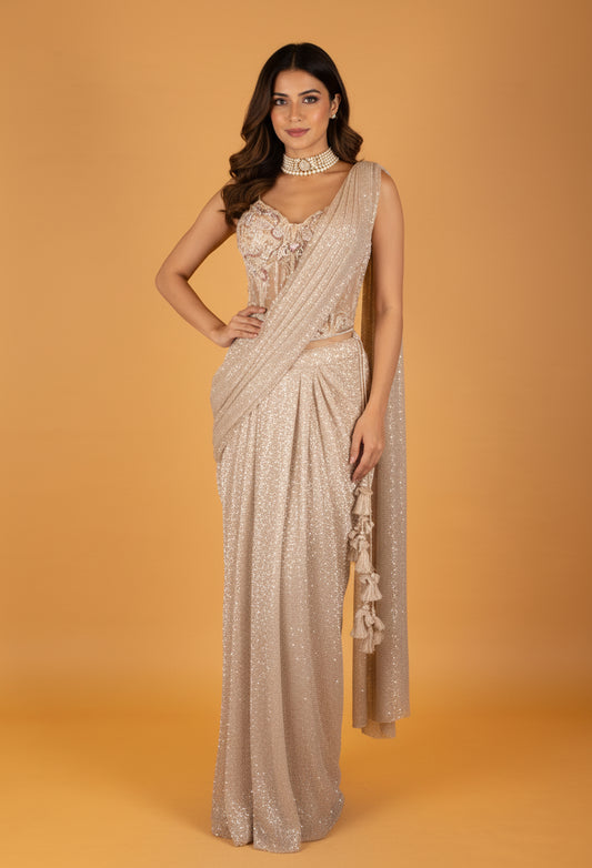 "Champagne Gold Sequin Indo-Western Saree Drape with Embellished Corset Blouse"