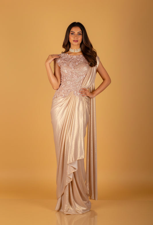 Blush Pink Embellished Drape Saree with 3D Floral Blouse – Premium Ready-to-Wear Cocktail & Wedding Saree