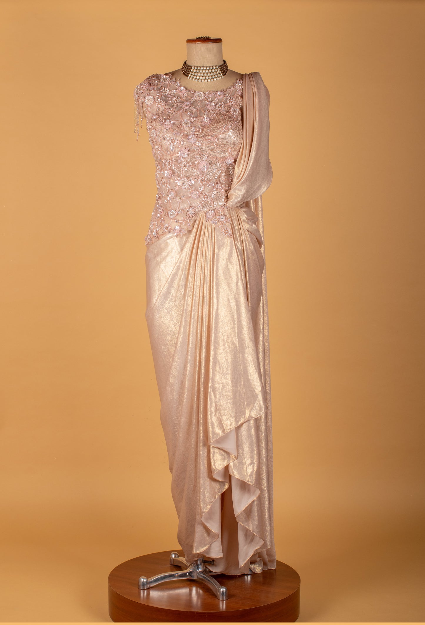 Blush Pink Embellished Drape Saree with 3D Floral Blouse – Premium Ready-to-Wear Cocktail & Wedding Saree