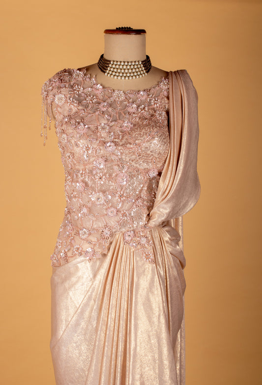 Blush pink ready-to-wear drape saree with 3D floral blouse – product image 2