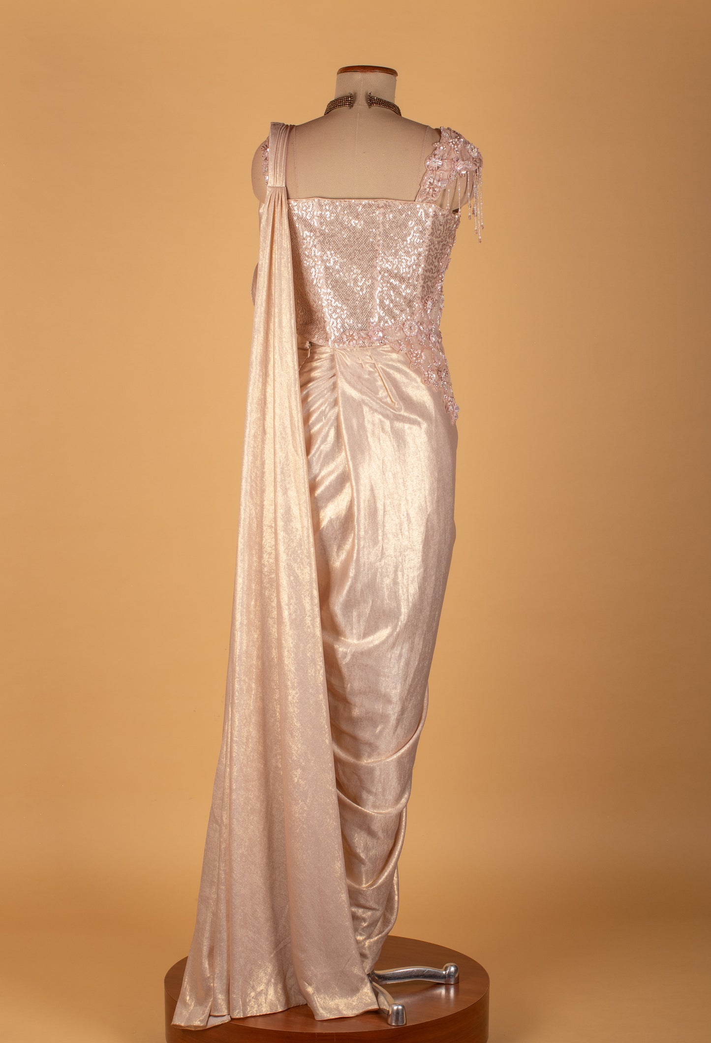 Blush Pink Embellished Drape Saree with 3D Floral Blouse – Premium Ready-to-Wear Cocktail & Wedding Saree