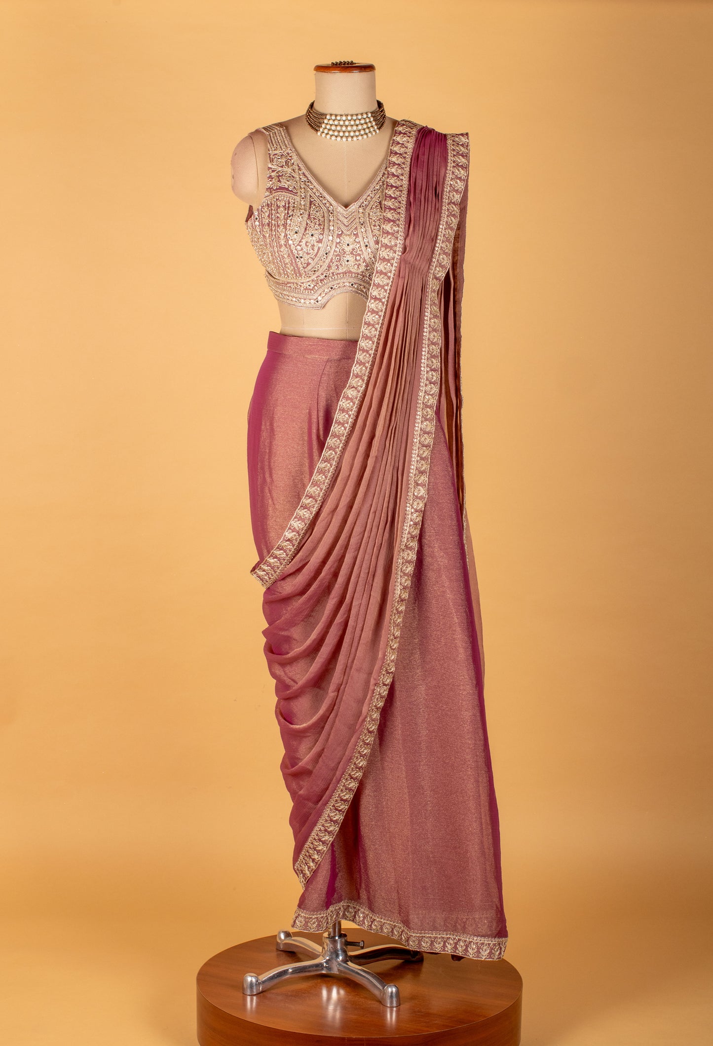 Rose Gold Embellished Drape Saree with Designer Blouse – Premium Ready-to-Wear Party & Wedding Saree