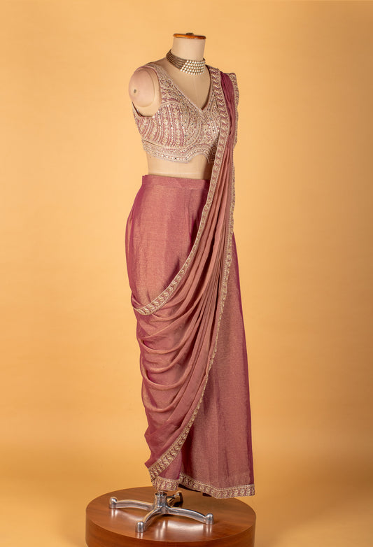 Rose gold ready-to-wear drape saree with embellished blouse – product image 2