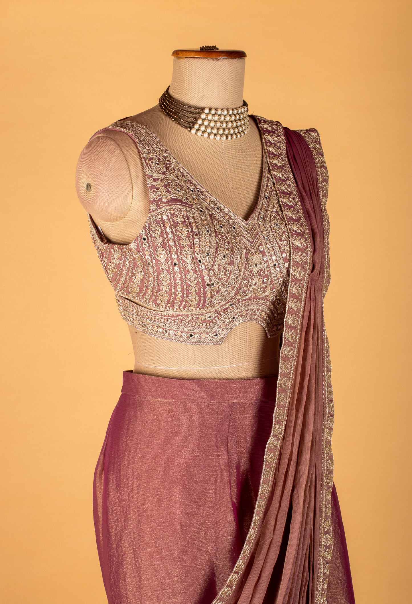 Rose Gold Embellished Drape Saree with Designer Blouse – Premium Ready-to-Wear Party & Wedding Saree