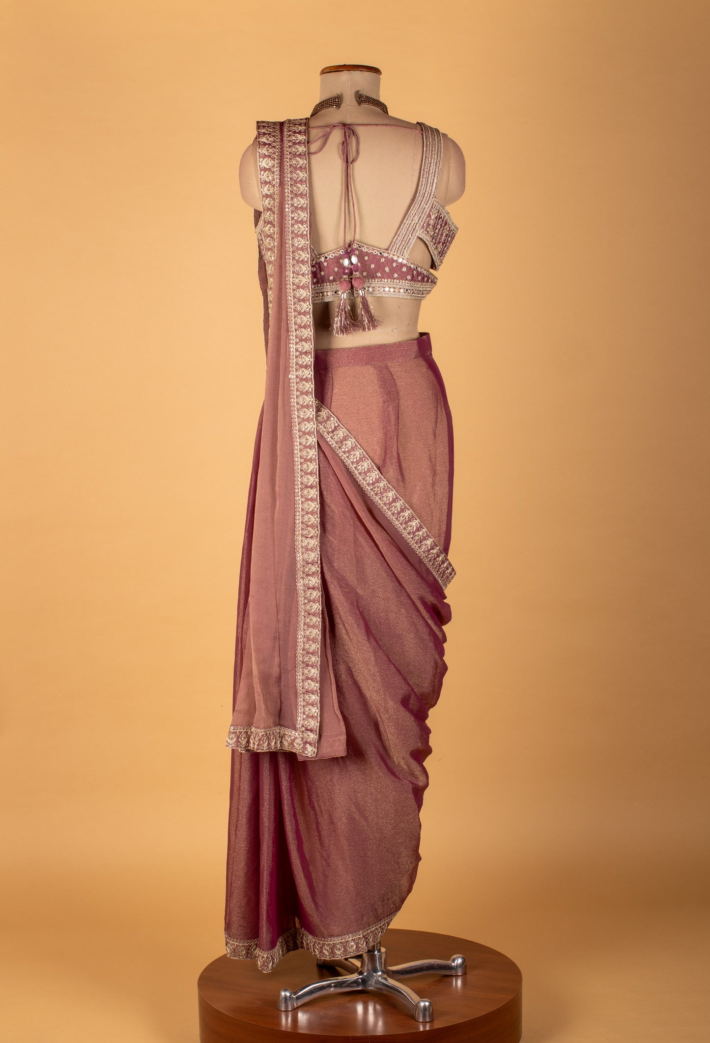 Rose Gold Embellished Drape Saree with Designer Blouse – Premium Ready-to-Wear Party & Wedding Saree
