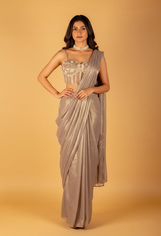 Gold Embellished Drape Saree with Designer Bustier & Cape – Premium Ready-to-Wear Cocktail & Wedding Saree