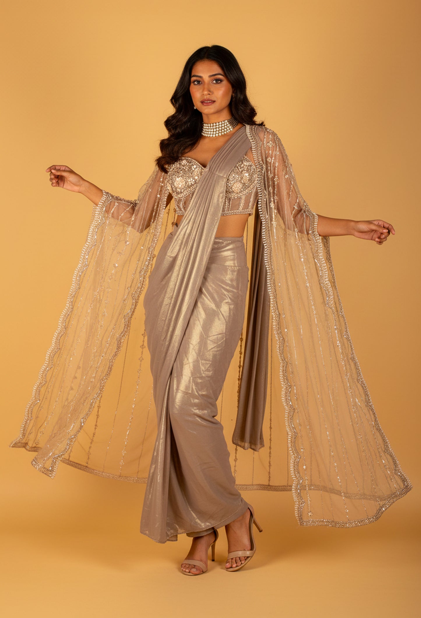 Gold Embellished Drape Saree with Designer Bustier & Cape – Premium Ready-to-Wear Cocktail & Wedding Saree