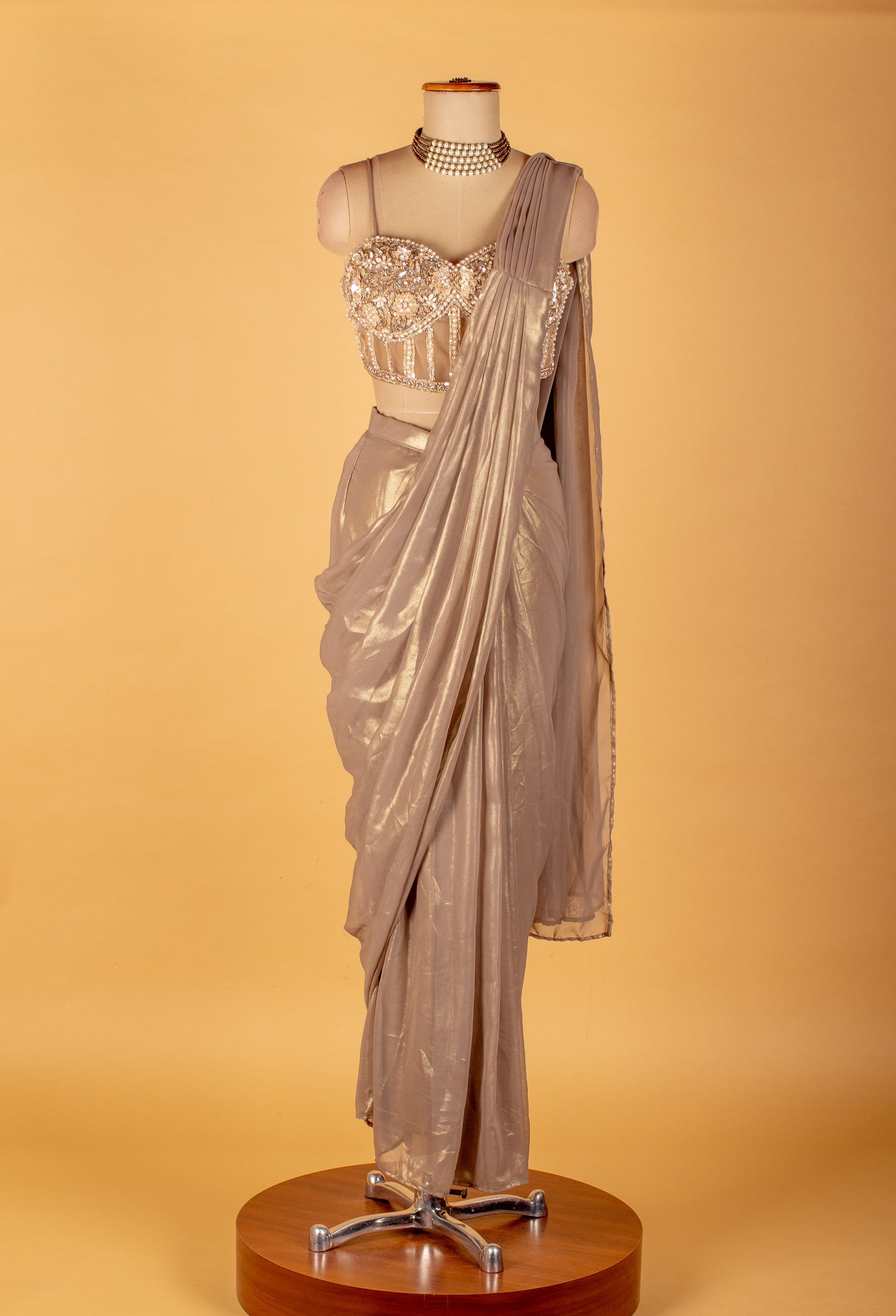 Gold Embellished Drape Saree with Designer Bustier & Cape – Premium Ready-to-Wear Cocktail & Wedding Saree