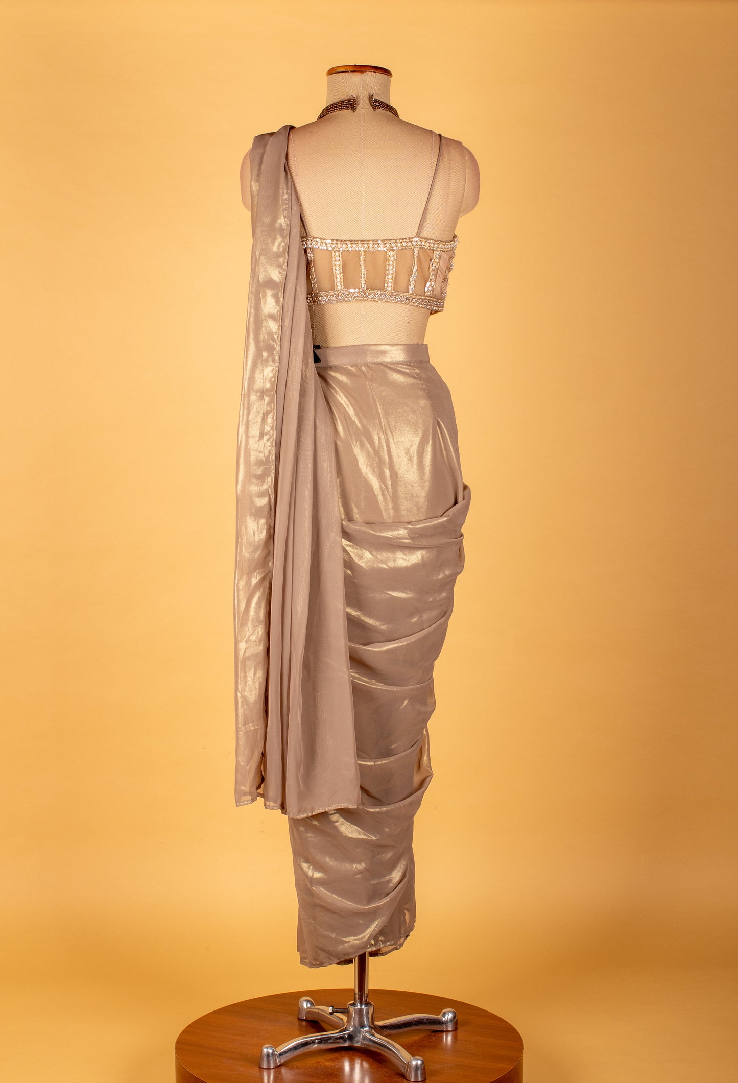 Gold Embellished Drape Saree with Designer Bustier & Cape – Premium Ready-to-Wear Cocktail & Wedding Saree