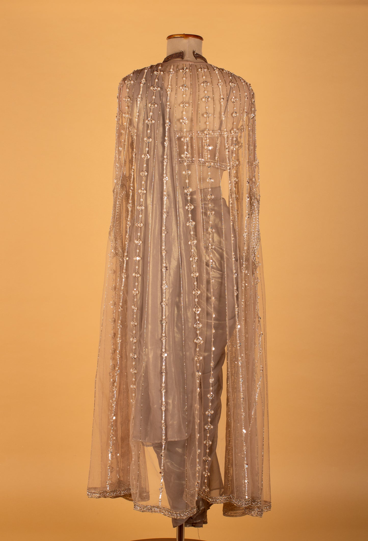 Gold Embellished Drape Saree with Designer Bustier & Cape – Premium Ready-to-Wear Cocktail & Wedding Saree