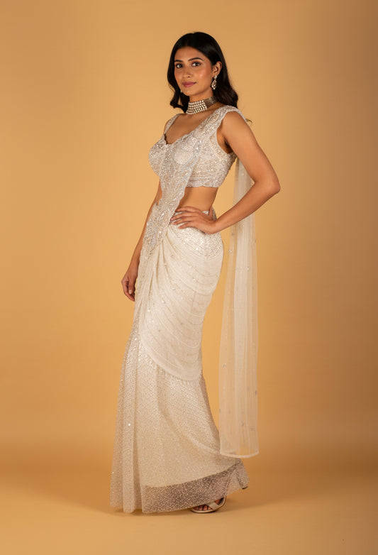 White Crystal-Embellished Drape Saree with Designer Bustier – Premium Bridal & Reception Ready-to-Wear Saree