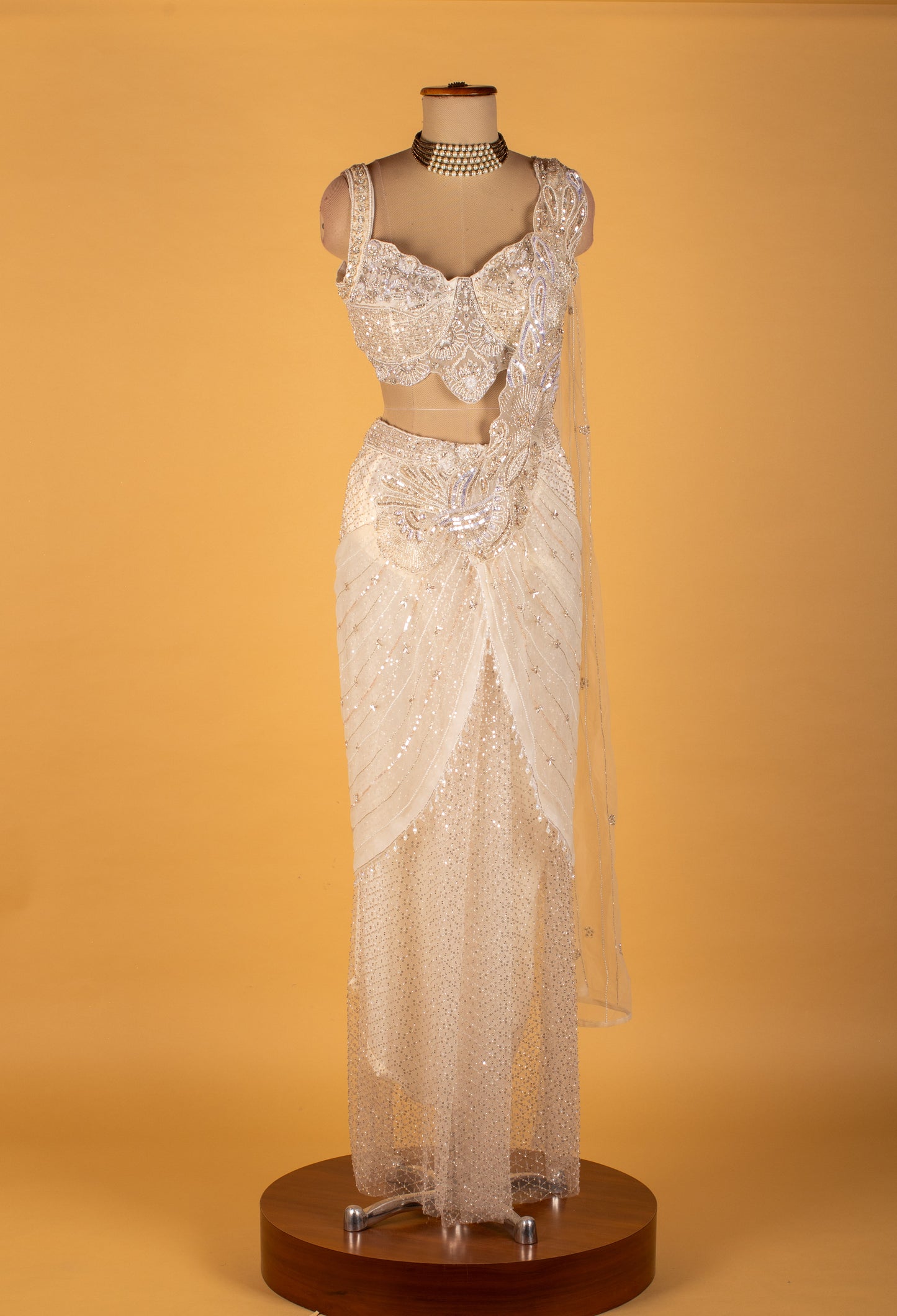 White Crystal-Embellished Drape Saree with Designer Bustier – Premium Bridal & Reception Ready-to-Wear Saree