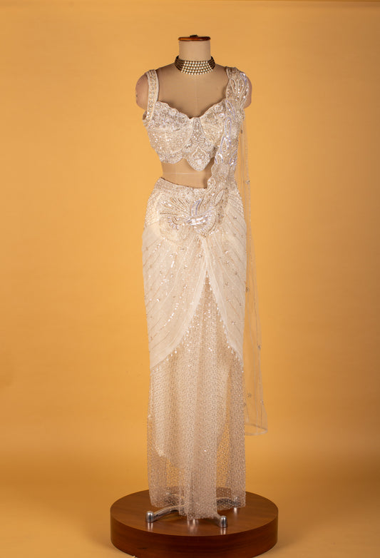 White crystal embellished ready-to-wear saree with designer bustier – product image 2